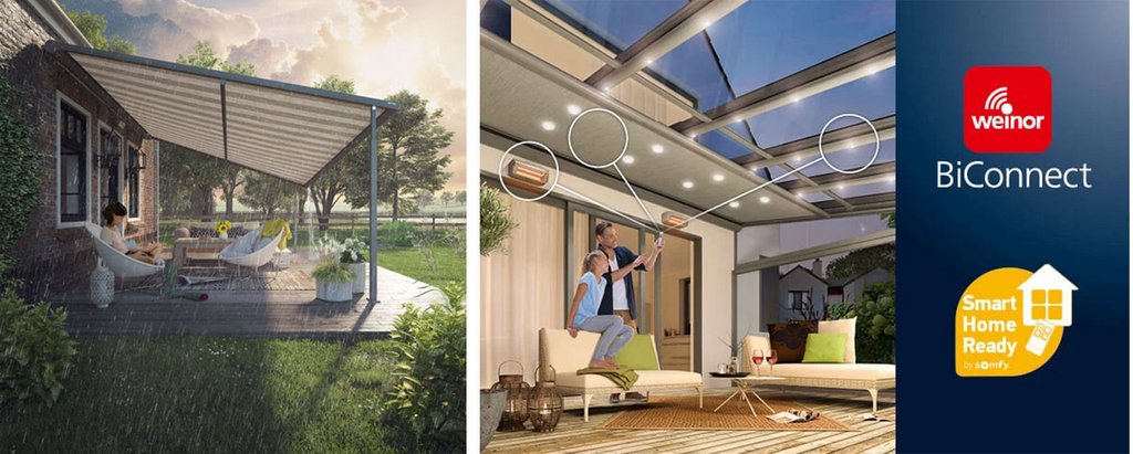Twee terrassensituaties met een zonnescherm en een overkapping, verlicht met LED-spots in een moderne setting. Twee terrassensituaties met een zonnescherm en een overkapping, verlicht met LED-spots in een moderne setting.