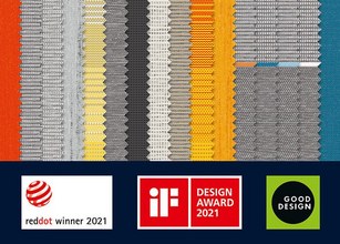 Stofmonsters in verschillende kleuren en texturen, met prijzen en logo's onderaan.  Stofmonsters in verschillende kleuren en texturen, met prijzen en logo's onderaan.